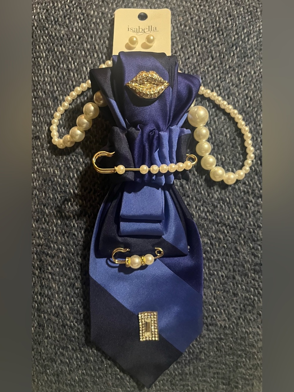 Abella Navy Satin Hair Tie Set with Faux Pearls & Gold Accents